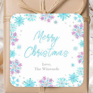 Purple and Blue Snowflakes Merry Christmas Square Sticker
