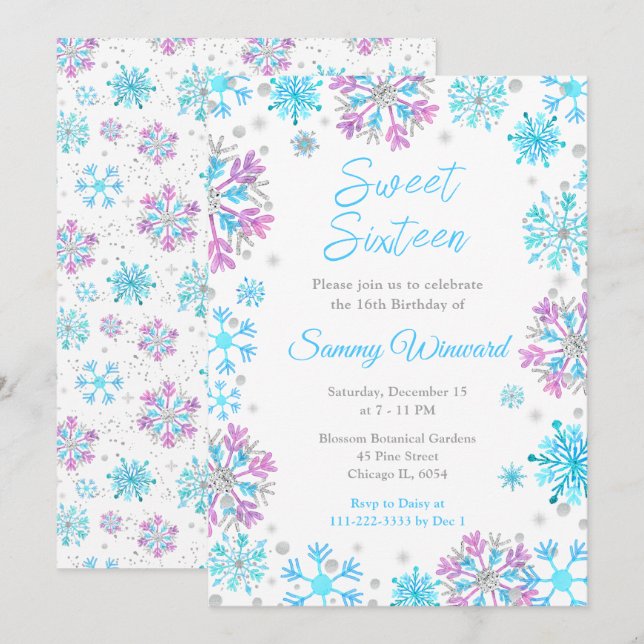 Purple and Blue Snowflakes Sweet Sixteen Invitation (Front/Back)