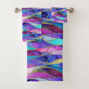 Purple and Blue Stained Glass Mosaic pattern Bath Towel Set