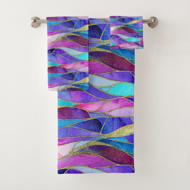 Purple and Blue Stained Glass Mosaic pattern Bath Towel Set (Insitu)