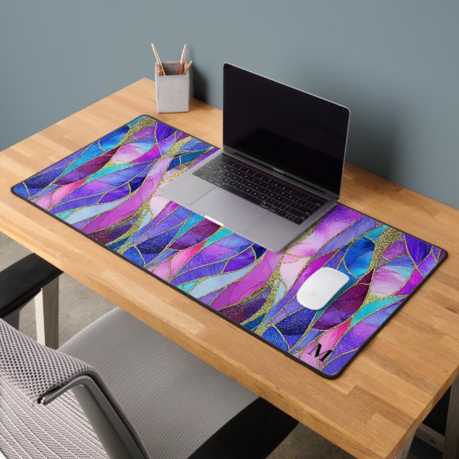Purple and Blue Stained Glass Mosaic pattern Desk Mat (Office 2)