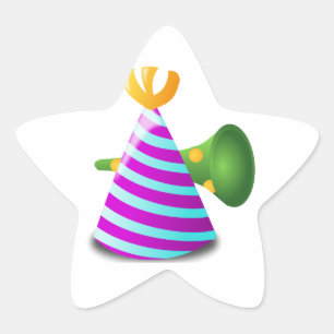 Purple and Blue Striped Party Hat and Green Horn Star Sticker