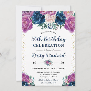 Purple and Blue Summer Flowers 50th Birthday Invitation