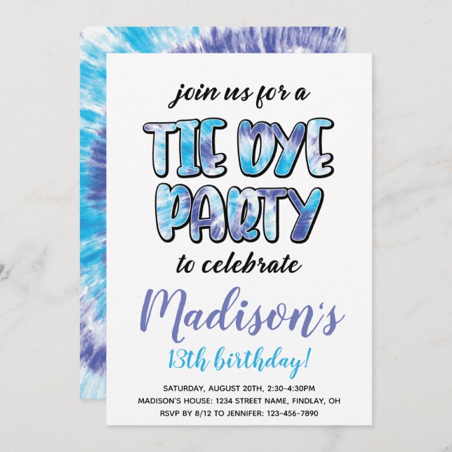 Purple and Blue Tie Dye Birthday Party, Any Age Invitation (Front/Back)