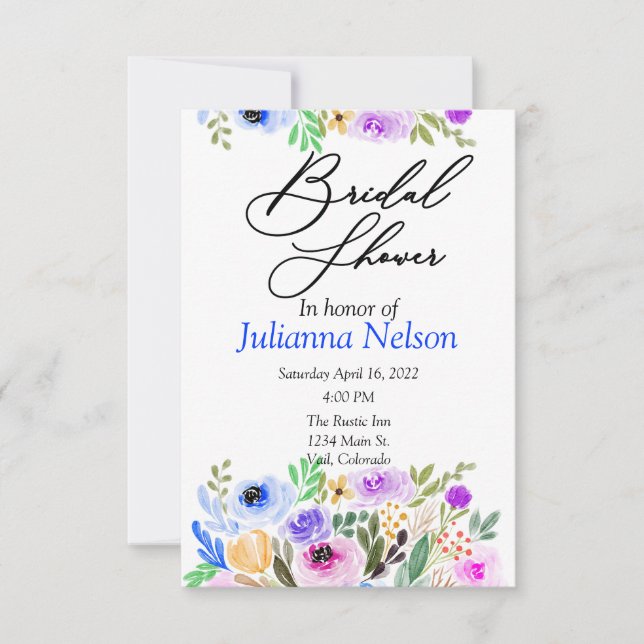 Purple and blue watercolor floral  invitation (Front)