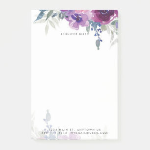 Purple and blue watercolor floral personalised post-it notes