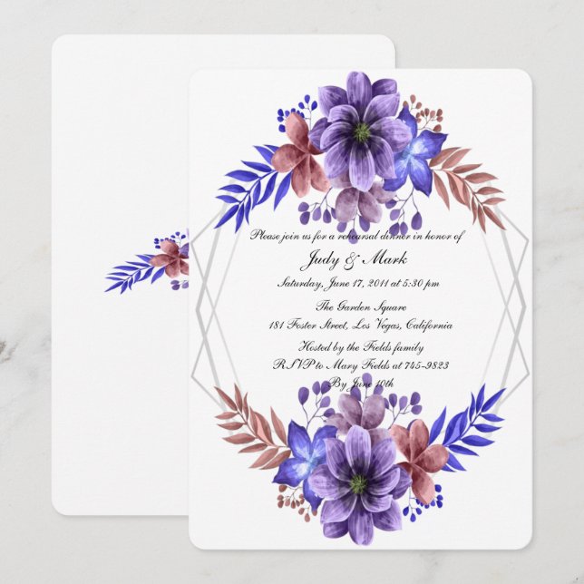 Purple And Blue Watercolor Floral Rehearsal Dinner Invitation (Front/Back)