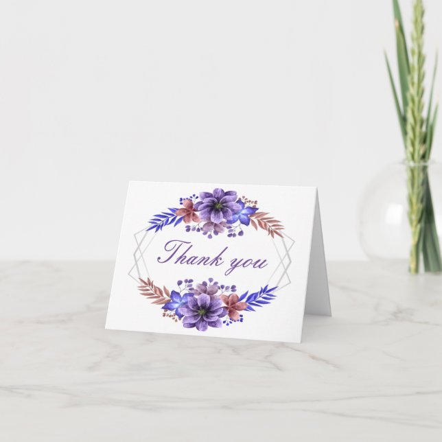 Purple And Blue Watercolor Floral Thank You Card (Front)