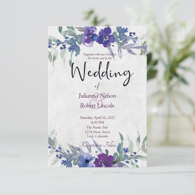 Purple and blue watercolor floral wedding invitati invitation (Standing Front)