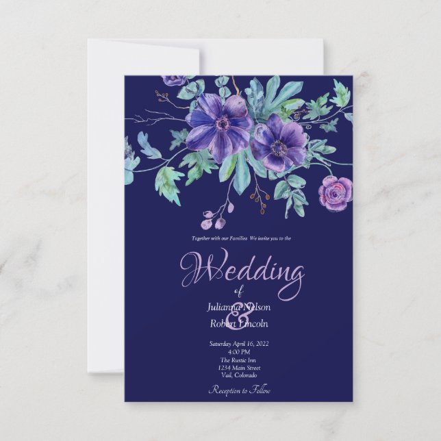 Purple and blue watercolor floral wedding invitati invitation (Front)