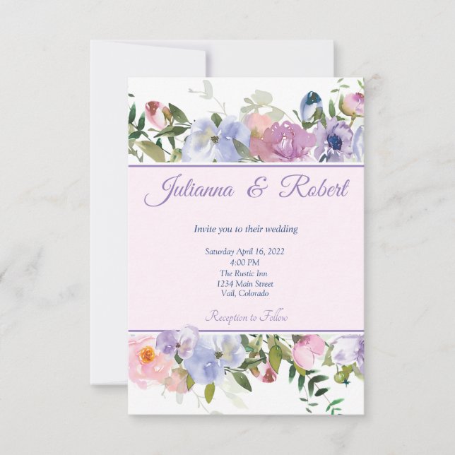 Purple and blue watercolor floral wedding invitation (Front)