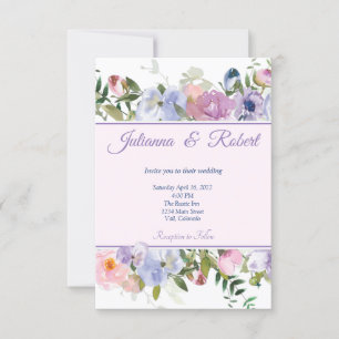 Purple and blue watercolor floral wedding invitation