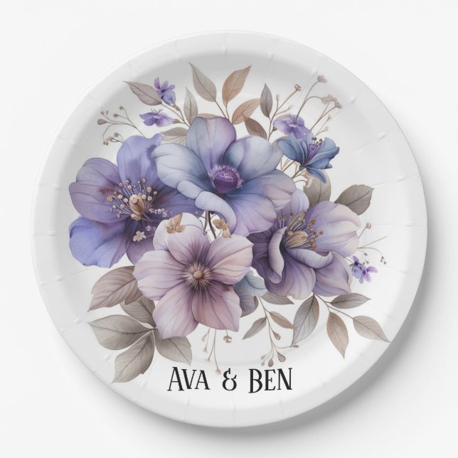 Purple and Blue Watercolor Floral Wedding Paper Plate (Front)