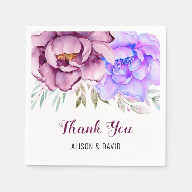 Purple and blue watercolor flowers floral wedding  napkin (Front)