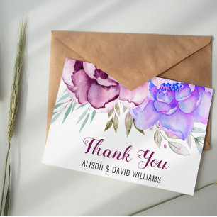 Purple and blue watercolor flowers floral wedding thank you card
