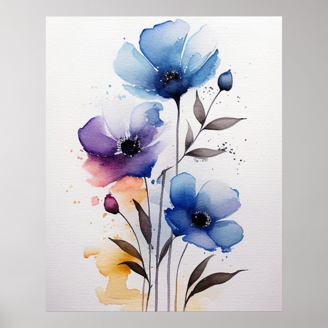 Purple and Blue Watercolor Flowers Poster (Front)