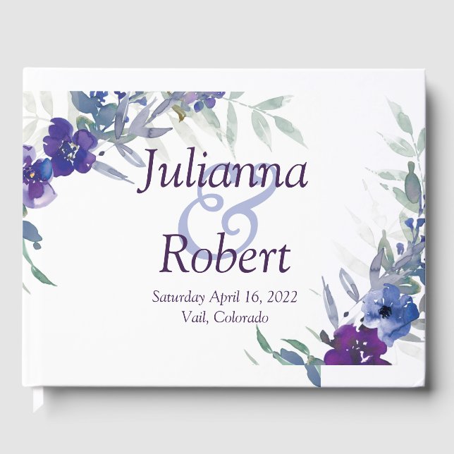 Purple and blue watercolor  wedding  guest book (Front)