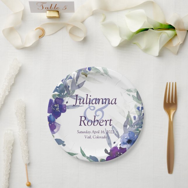 Purple and blue watercolor  wedding  paper plates (Wedding)