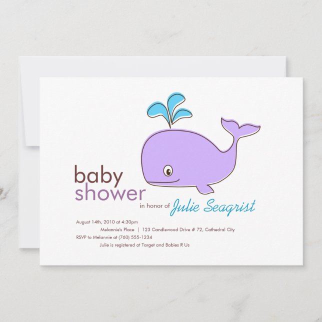 Purple and Blue Whale Baby Shower Invitations (Front)