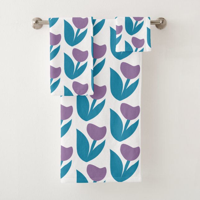 Purple and Blue Whimsical Abstract Flower Pattern Bath Towel Set (Insitu)