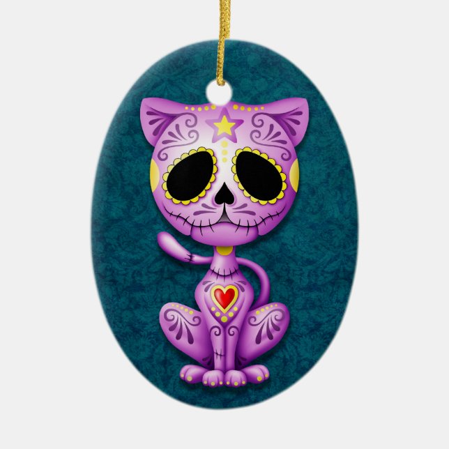 Purple and Blue Zombie Sugar Kitten Ceramic Tree Decoration (Front)