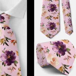 Purple and Blush Pink Watercolor Floral Roses Neck Tie