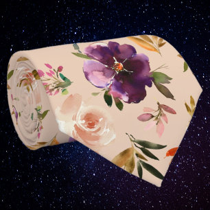 Purple and Blush Pink Watercolor Floral Roses Neck Tie