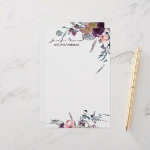 Purple and blush watercolor flora personalised stationery