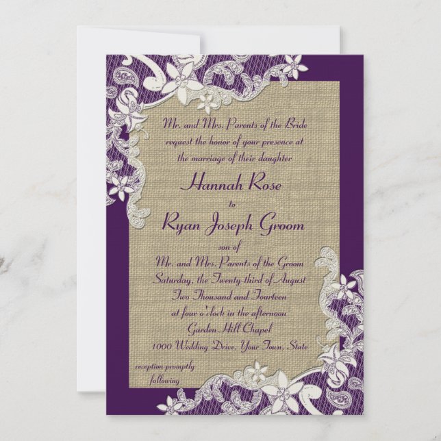 Purple and Burlap Vintage Floral Invitation (Front)