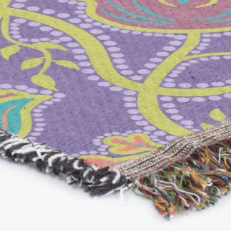 Purple and Chartreuse Floral Chintz Outdoor Rug Throw Blanket