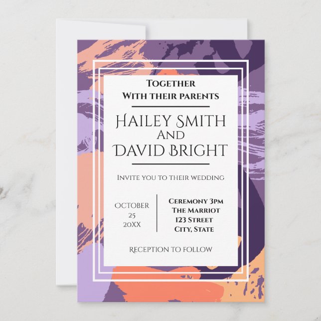 Purple and Coral Abstract Modern Wedding Invitation (Front)