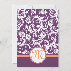 Purple and Coral Damask Swirl Wedding Invitations