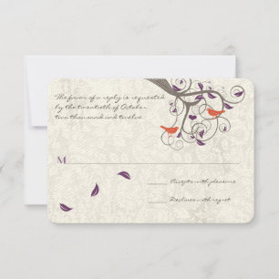 Purple and Coral Tree Love Birds Wedding RSVP Card