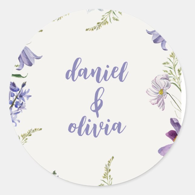 Purple and Cream Floral Bordered Wedding Classic Round Sticker (Front)