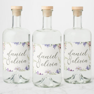 Purple and Cream Floral Bordered Wedding Liquor Bottle Label