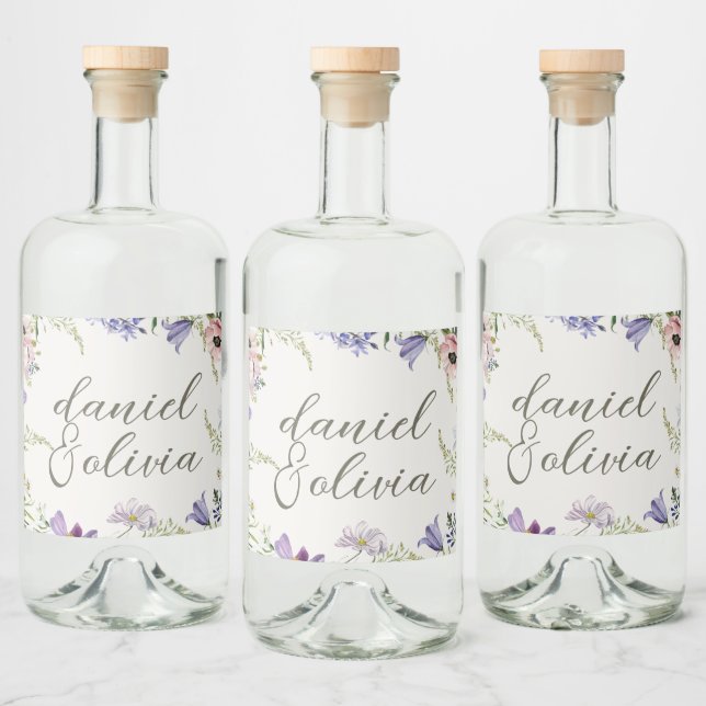 Purple and Cream Floral Bordered Wedding Liquor Bottle Label (Bottles)