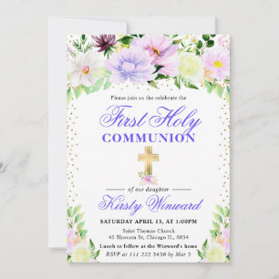 Purple and Cream Flowers First Holy Communion Invitation