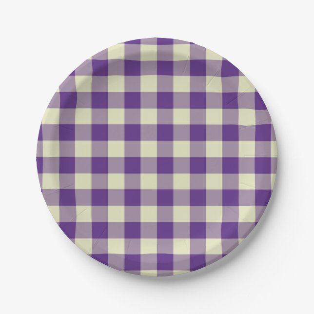 Purple and Cream Gingham Pattern Paper Plate (Front)