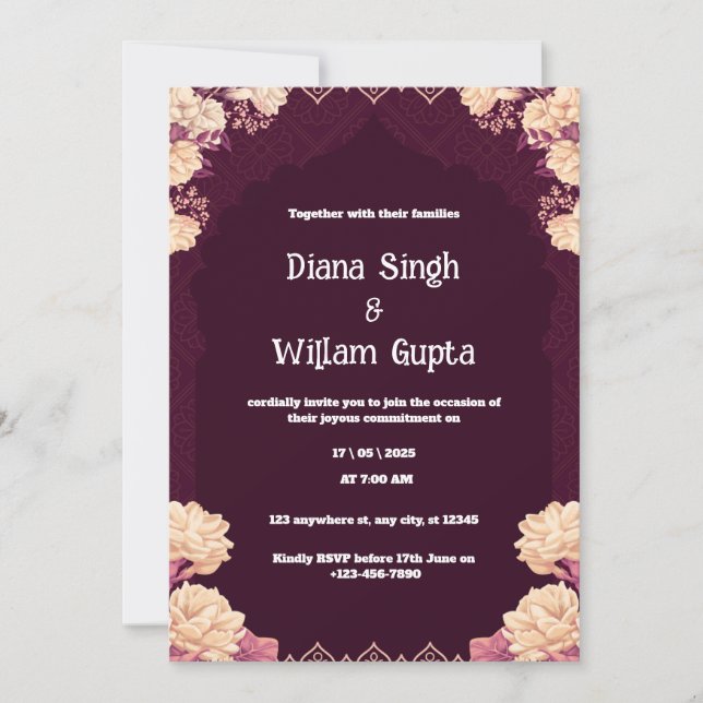 Purple and Cream Indian Wedding Invitation (Front)