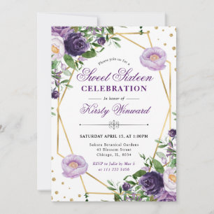 Purple and Cream Spring Flowers Frame Sweet 16 Invitation