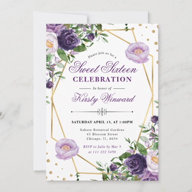 Purple and Cream Spring Flowers Frame Sweet 16 Invitation (Front)