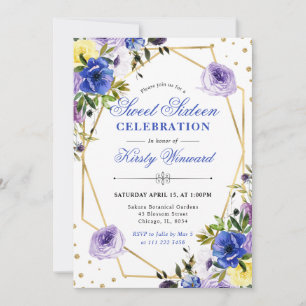 Purple and Cream Summer Flowers and Frame Sweet 16 Invitation
