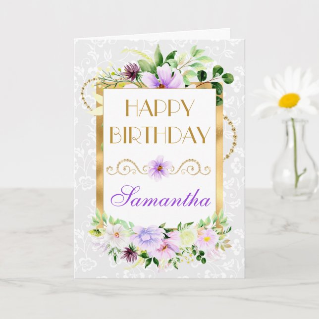 Purple and Cream Summer Flowers Gold Foil Birthday Card (Small Plant)