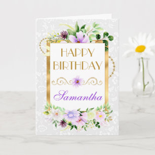 Purple and Cream Summer Flowers Gold Foil Birthday Card