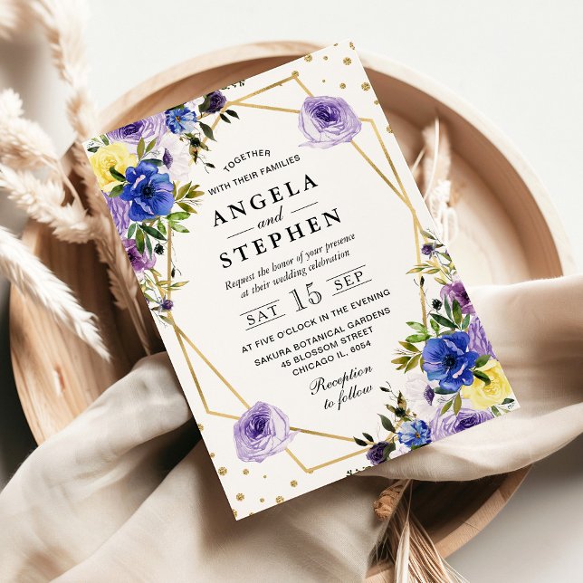 Purple and Cream Summer Flowers Gold Frame Wedding Invitation (Creator Uploaded)