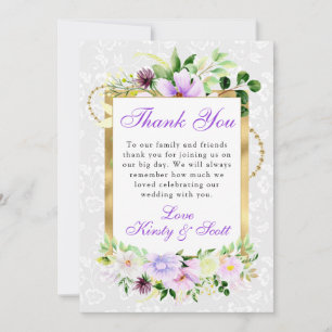 Purple and Cream Summer Flowers Gold Wedding Thank You Card
