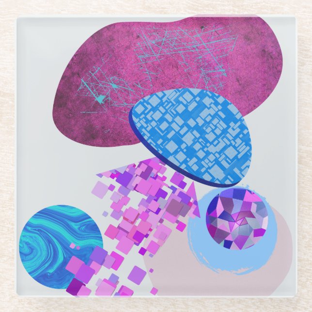 Purple And Cyan Modern Shapes Glass Coaster (Front)