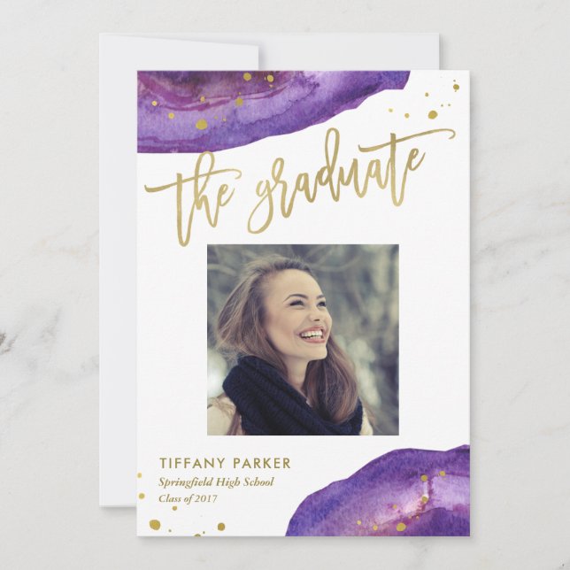 Purple and Faux Gold Geode Graduation Party Photo Announcement (Front)