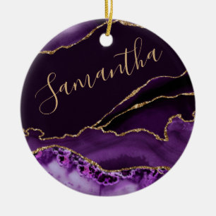 Purple and Faux Gold Glitter Marble Agate Ceramic Tree Decoration