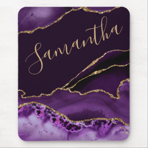 Purple and Faux Gold Glitter Marble Agate Mouse Pad